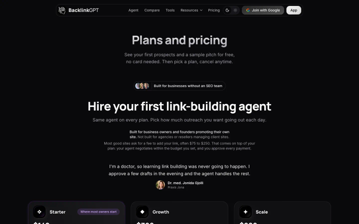BacklinkGPT's page at backlinkgpt.com/pricing, above the fold, as it looked on October 18, 2026