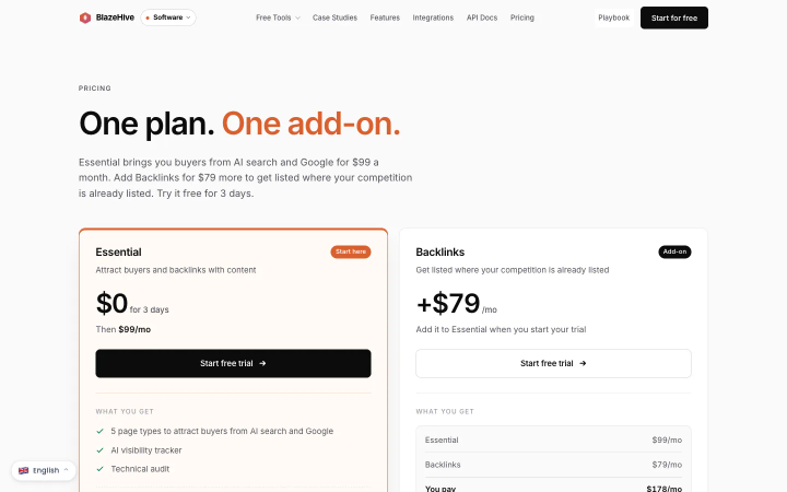 BlazeHive's page at blazehive.io/pricing, above the fold, as it looked on October 18, 2026