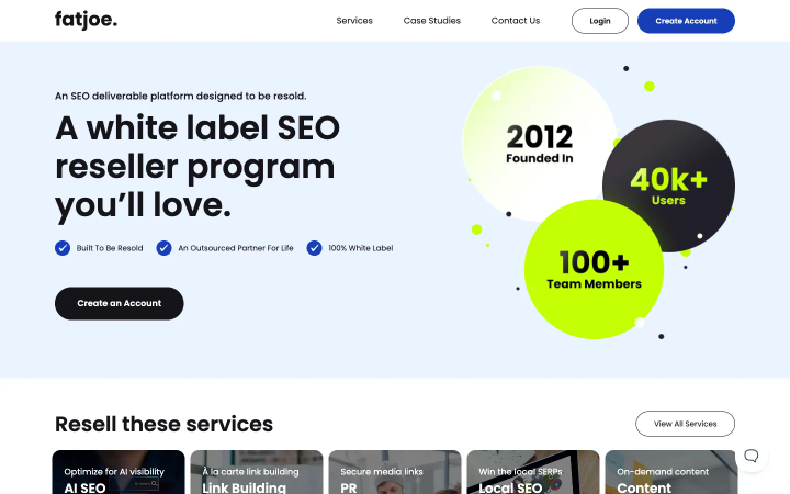 FatJoe's page at fatjoe.com/seo-reseller, above the fold, as it looked on October 18, 2026