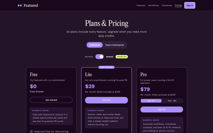HARO and Featured's page at featured.com/pricing, above the fold, as it looked on October 18, 2026
