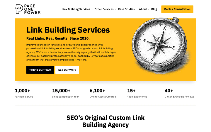 Page One Power's page at pageonepower.com/link-building-service, above the fold, as it looked on October 18, 2026