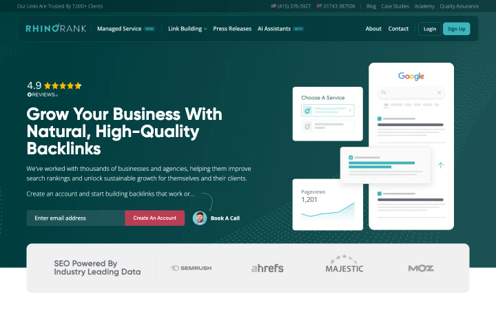 Rhino Rank's page at rhinorank.io, above the fold, as it looked on October 18, 2026