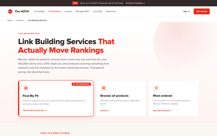 The HOTH's page at thehoth.com/link-building-service, above the fold, as it looked on October 18, 2026